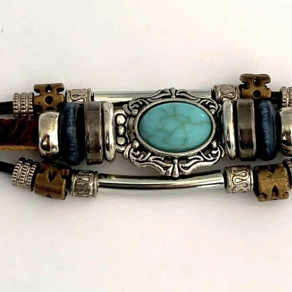 Rugged Western Boho Multi-Strand Bracelet, Faux Turquoise & Brown Leather